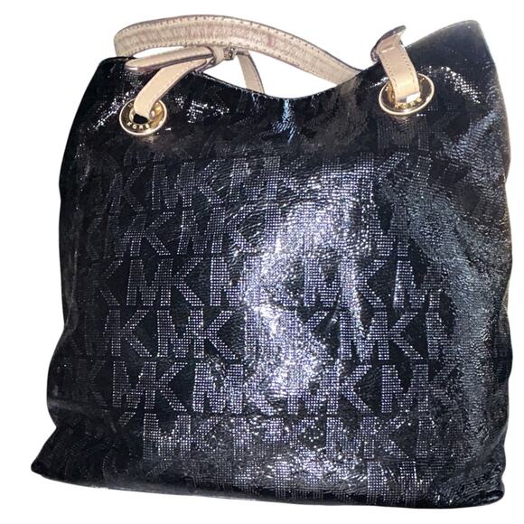 Michael Kors Jet Set Leather Mirror Metallic Signature Black Tote Large - Picture 4 of 11